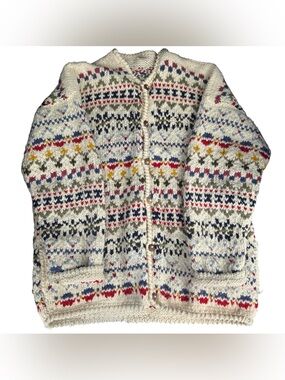 Over The Rainbow Wool Knit Cardigan Sweater Colorful with Pockets Large